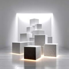 Abstract White Cube Arrangement with Subtle Lighting