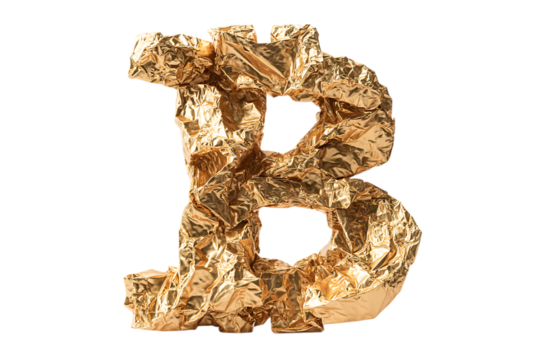 Crumpled gold foil forming Bitcoin 'B' symbol. Cryptocurrency, finance, digital currency concept. - Powered by Adobe
