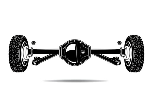 Illustration of a car rear axle with wheels and suspension components on a white background