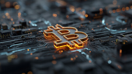 Digital bitcoin cryptocurrency with golden circuitry and binary code background, concept of blockchain technology