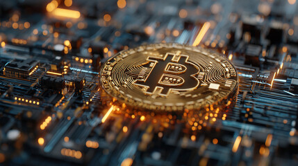 Digital bitcoin cryptocurrency with golden circuitry and binary code background, futuristic financial network design