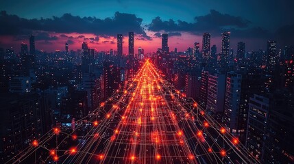 Aerial View of a City at Night with Glowing Lines