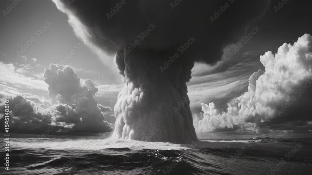 Poster a black and white photograph of a cloud floating above the ocean, with waves crashing below