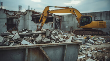 construction debris container in urban demolition site