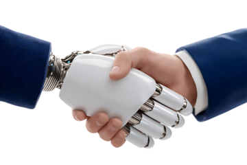 Human and robot shaking hands, partnership, AI