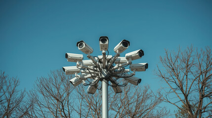 cluster of surveillance cameras against clear blue sky