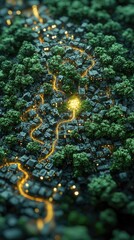 Aerial View of Illuminated Night Village nestled in Lush Green Forest