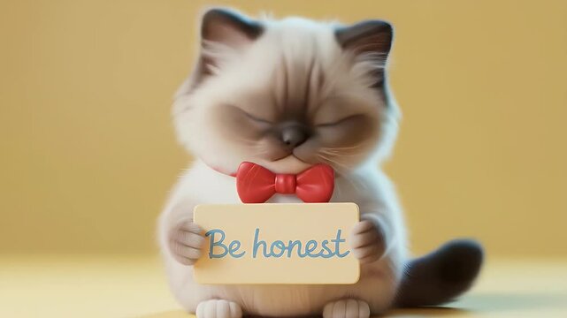 Adorable Animated Fluffy Cat Holding Be Honest Sign with Red Bow Tie on Yellow Background in Eye Level Shot