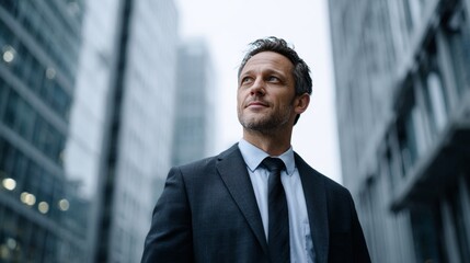 a young asian businessman in a dark formal suit and tie, standing in a modern city street surrounded by tall glass and concrete office buildings.