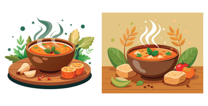 Bowl of hearty homemade soup with fresh ingredient vector art design