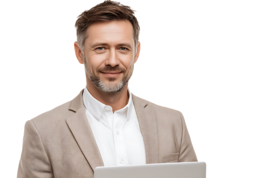 Smiling businessman holding laptop, professional portrait