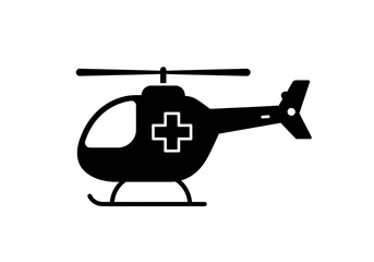 A black and white silhouette of a medical helicopter with a cross on the side in simple vector art