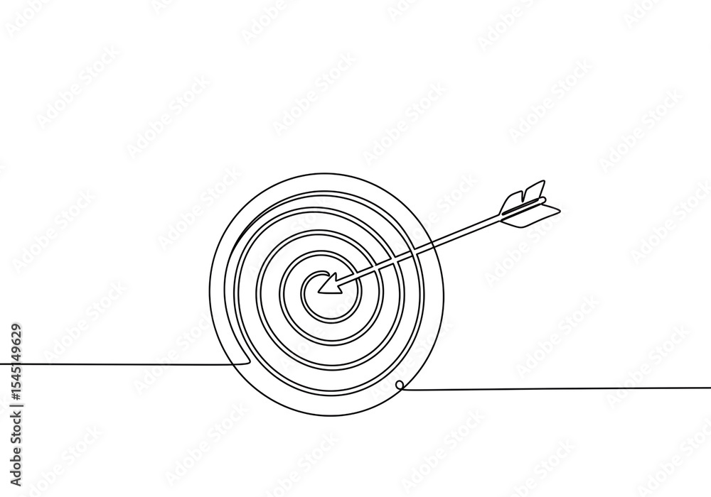 Poster single line drawing of a target with an arrow in the bullseye on a white background illustration