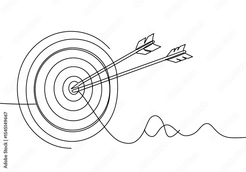 Poster continuous line drawing of a target with two arrows hitting the bullseye in black on white backgroun