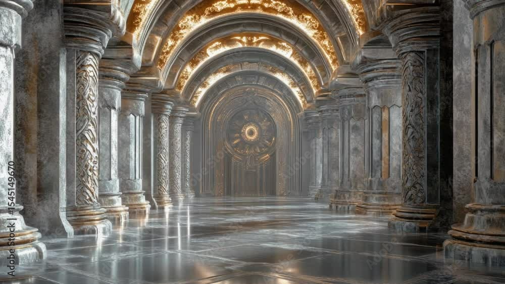 Poster A long hallway with classical-style columns and a large clock on the wall, suitable for use in interior design or architectural images