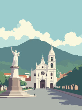 Quito, Ecuador - Bas&iacute;lica del Voto Nacional, El Panecillo, Independence Plaza in basilica grey, statue white, plaza stone, and volcano green