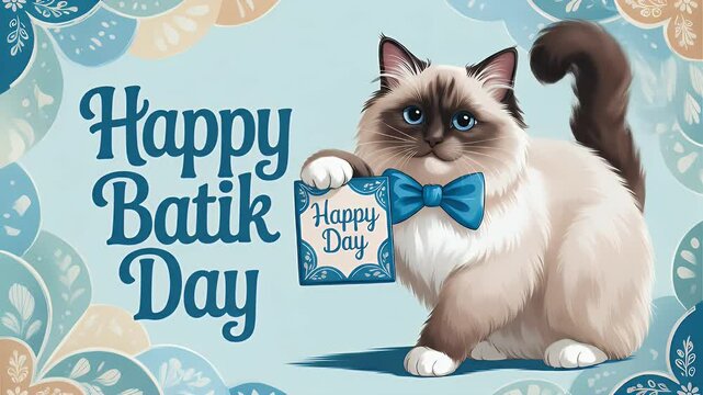 Ragdoll Cat in Blue Bow Tie Holds Happy Batik Day Sign with Detailed Batik Pattern Backdrop for Indonesian Culture Celebrations