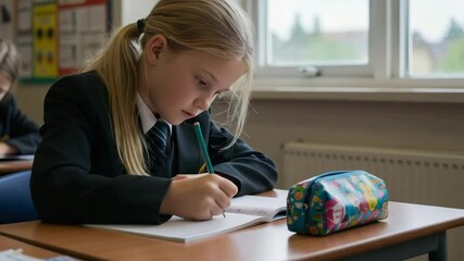 Girl learning to write in class while sitting at a desk   - Powered by Adobe