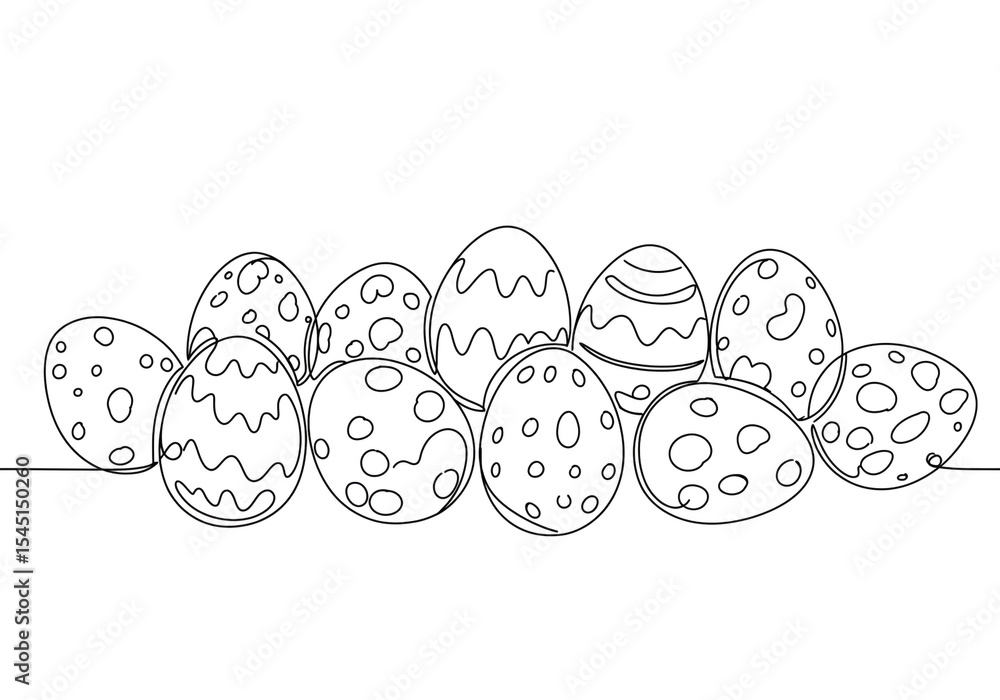 Poster a line art drawing of easter eggs with various patterns and designs in a row on a white background