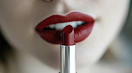 Beautiful Young Woman Applying Bold Red Lipstick Close-Up for Glamorous Makeup Looks