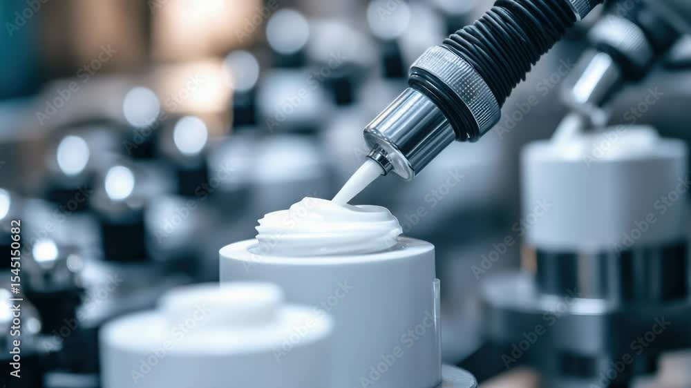 Aufkleber a close-up shot of a bottle of cream placed on a machinery device, suitable for use in product or in