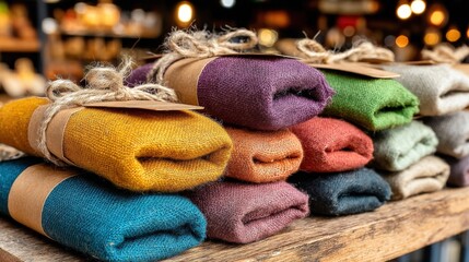 Colorful Rolled Textiles Tied with Twine in Rustic Shop Setting for Home Decor and Fashion