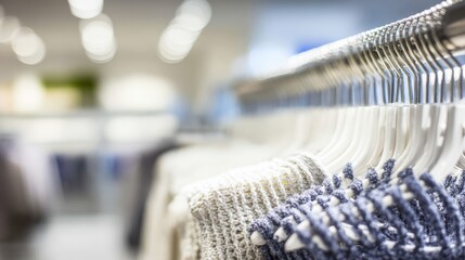 Elegant Clothing Store Interior with Hangars Displaying Fashionable Knitwear and Soft Textiles