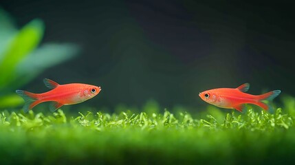 Obraz premium Two Ember Tetras Swimming in an Aquarium with Greenery