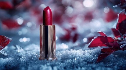 Elegant Red Lipstick on Sparkling Snow with Autumn Leaves – Winter Beauty and Glamour