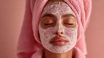 Woman Enjoying Spa Facial Mask with Pink Towel on Hair in Relaxing Home Environment