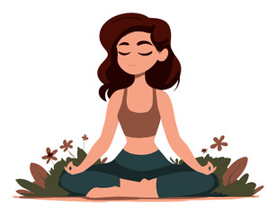 Peaceful Cartoon Woman Meditating in Nature Surrounded by Flowers