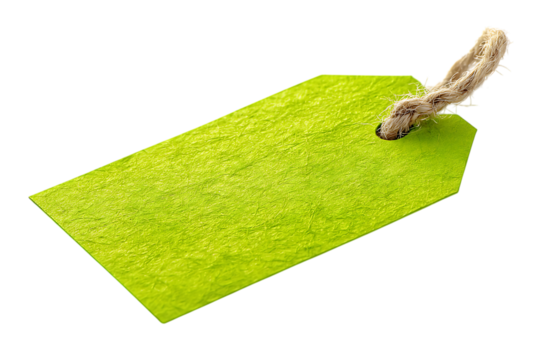 Close up of a blank lime green gift tag with a jute string.