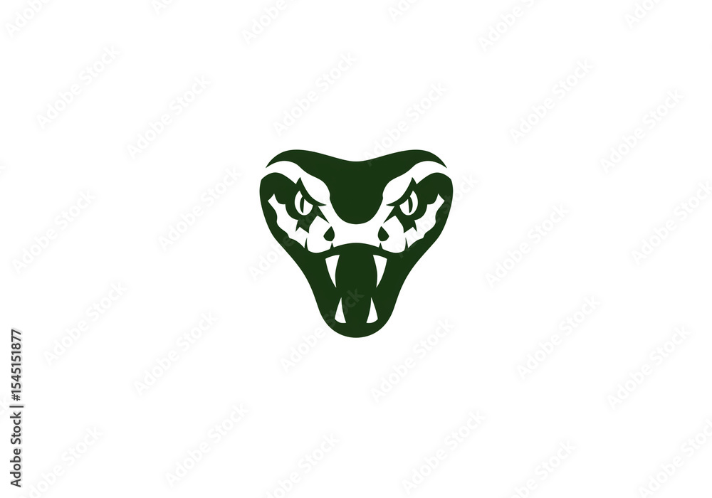 Poster a dark green snake head with sharp teeth and angry eyes on a plain white background in a simple desi