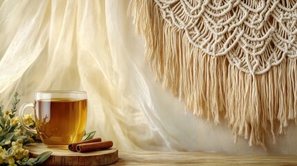 Cozy Herbal Tea Setting with Macrame Wall Hanging and Natural Decor