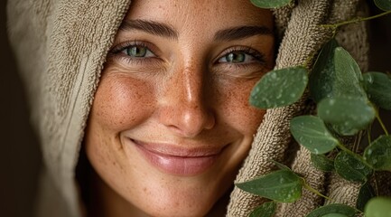 Smiling Woman with Freckles and Green Plant, Natural Beauty Portrait for Wellness and Skincare
