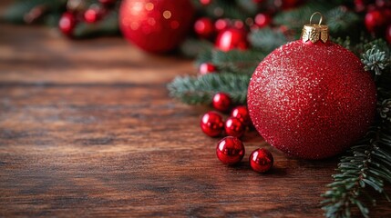 Sparkling Red Christmas Ornaments with Pine Branches on Rustic Wooden Background