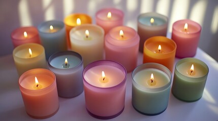 Vibrant Colorful Candles with Flames in Soft Lighting for Cozy Atmosphere and Home Decor