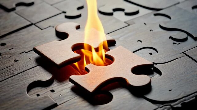 Puzzle pieces on a wooden surface, one piece engulfed in flames