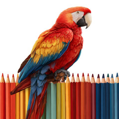 Fototapeta premium Vibrant parrot perched among colorful pencils artistic workspace wildlife studio setting close-up creativity unleashed