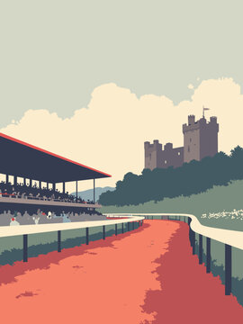 Doncaster, United Kingdom - Doncaster Racecourse, Conisbrough Castle, South Yorkshire Aircraft Museum in racetrack red, castle stone, aircraft white, and slate grey