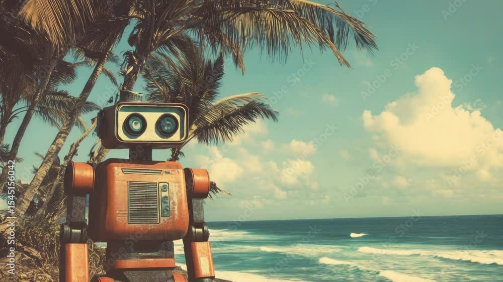 Poster a red robot sits on the beach next to the ocean, with sandy terrain and blue water in the background