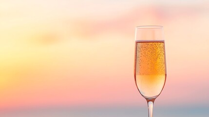 Glass of Champagne against Sunset Background in Abstract Colors Style