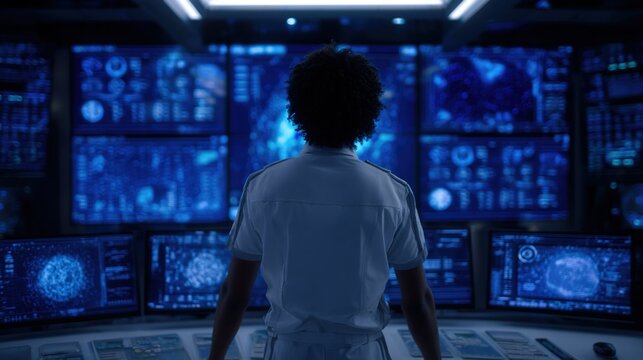 In the System Control Room Technical Operator Stands and Monitors Various Activities Showing on Multiple Displays with Graphics. Administrator Monitors Work of  Artificial Intelligence. High quality