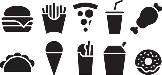 Black and White Line Art Fast Food Icons Set Burger Fries Pizza Drink Chicken Taco Ice Cream Donut vector