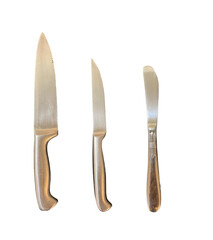 Set of stainless kitchen knives isolated on white background.