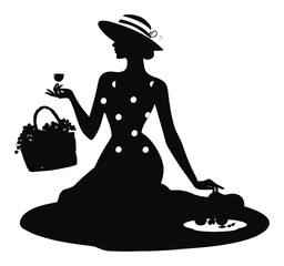 Elegant Silhouette of Woman with Hat and Basket in Artistic Style