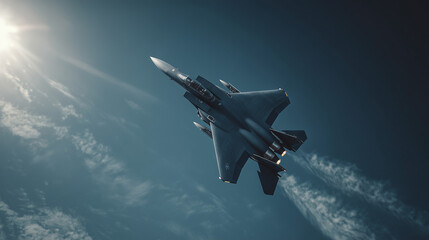 Fototapeta premium A fighter jet soaring through a clear blue sky. Captures speed, power, and precision in aviation technology with a strong military and aerial presence.
