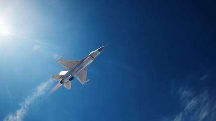 A fighter jet soaring through a clear blue sky. Captures speed, power, and precision in aviation technology with a strong military and aerial presence.