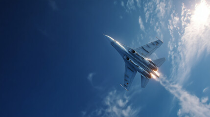 A fighter jet soaring through a clear blue sky. Captures speed, power, and precision in aviation technology with a strong military and aerial presence.