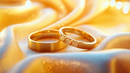 Shimmering golden wedding rings on glowing silk fabric background for wedding invitations, romantic blogs and celebration videos, warm golden and amber palette, with copy space in the center